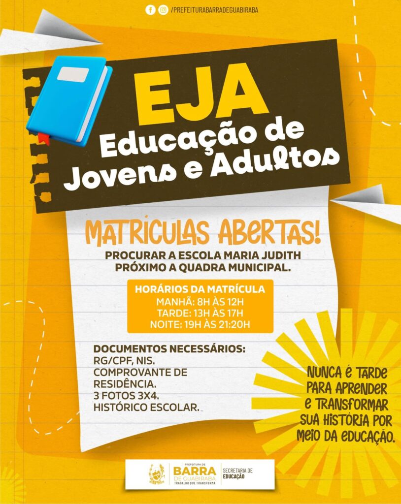 Nunca é tarde para transformar sua história!As matrículas para a Educação de J…